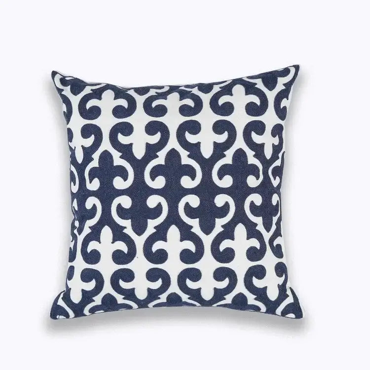 Navy blue and white cotton pillow cover with repeating fleur-de-lis pattern for decorbites blue floral mandala decor