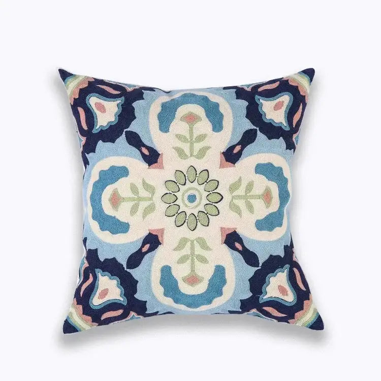 A square cotton pillow cover with a blue floral mandala embroidered pattern for living room decorbites decor