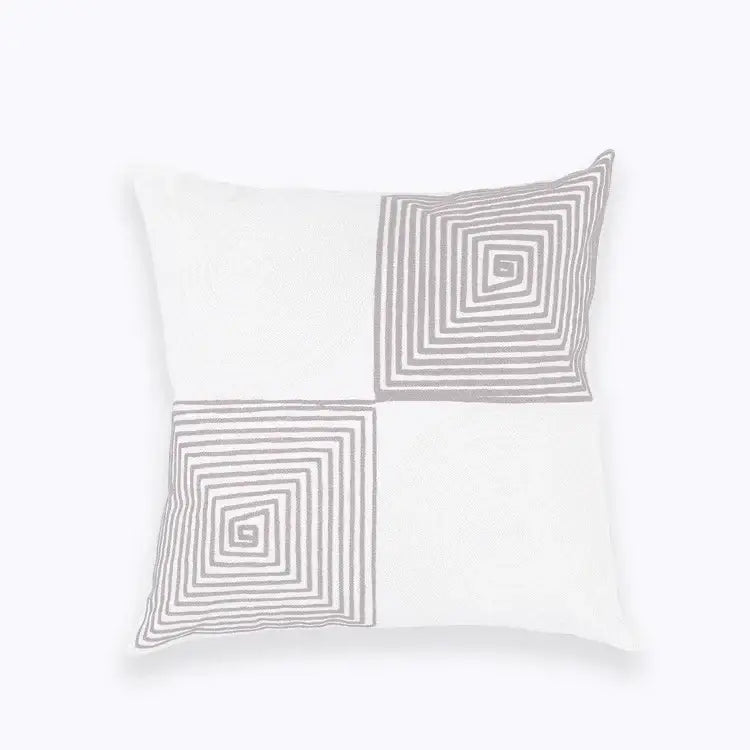 White cotton pillow cover with gray embroidered spiral panels for decorbites blue floral mandala living room decor