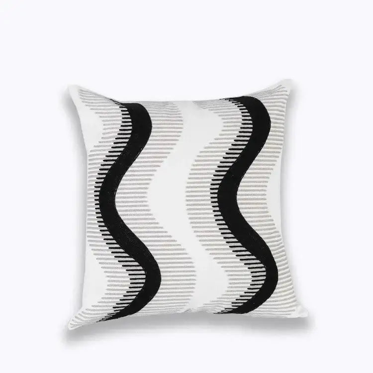 White throw pillow cover with bold black wavy lines and gray stripes for decorbites blue floral mandala decor