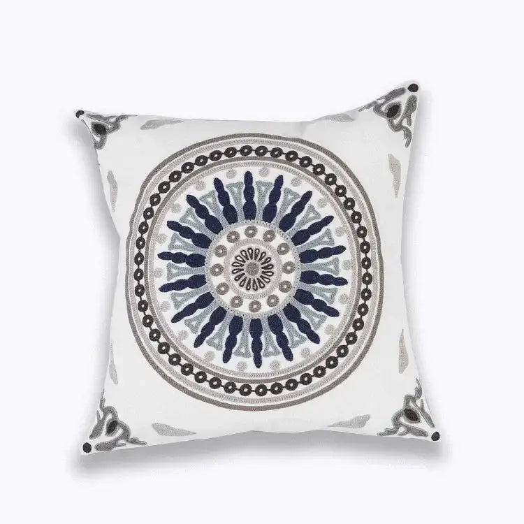 White cotton pillow cover with intricate blue floral mandala embroidery in navy blue gray and black for living room decorbites decor