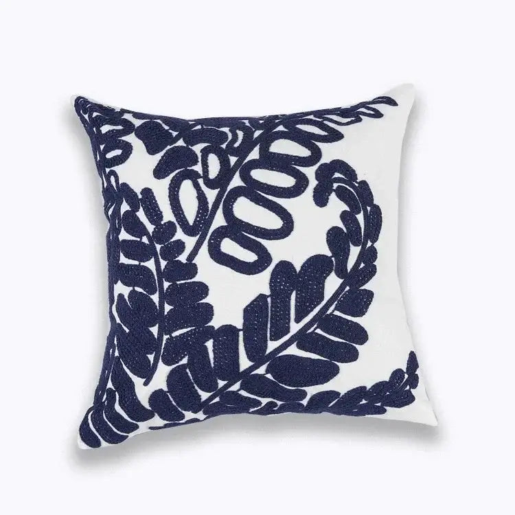 White cotton pillow cover with navy blue embroidered fern pattern for decorbites blue floral mandala living room decor