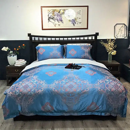 Blue floral satin jacquard duvet cover set with intricate pink and silver patterns by decorbites blue satin bedding