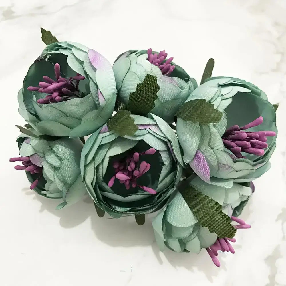 A decorbites blue flower cherry stamen artificial bouquet with mint-green petals and purple stamens for living room decor