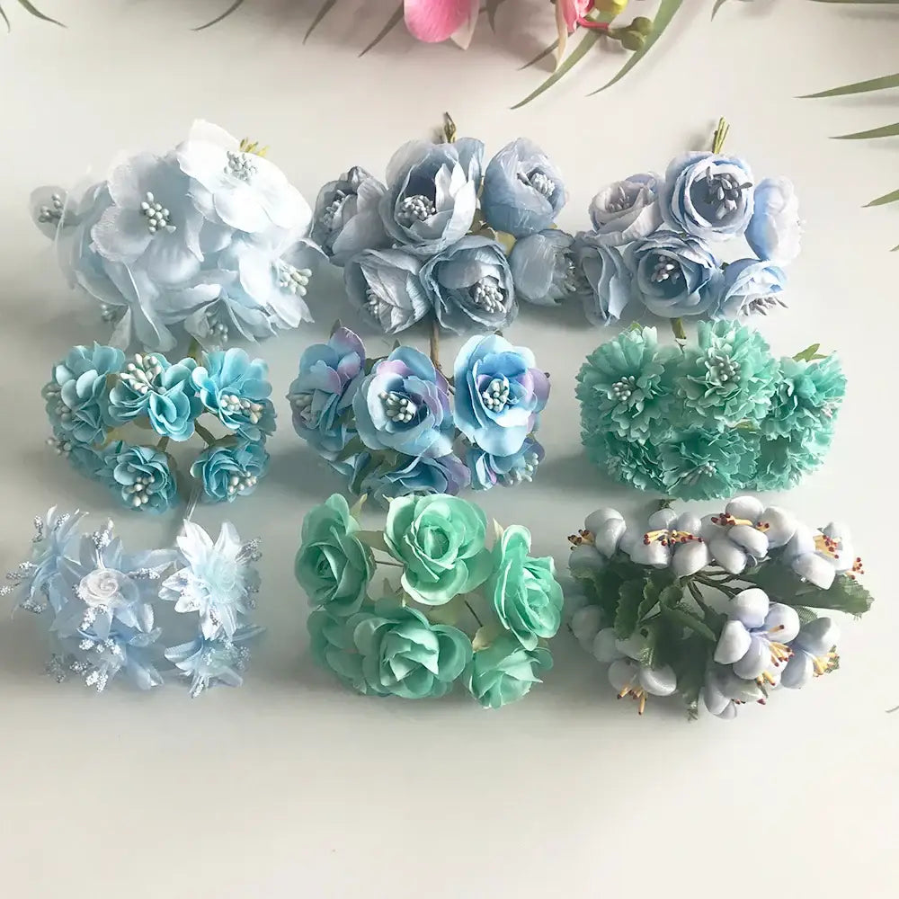 A decorbites blue flower cherry stamen berries bundle with soft blue teal and white artificial flowers for living room decor