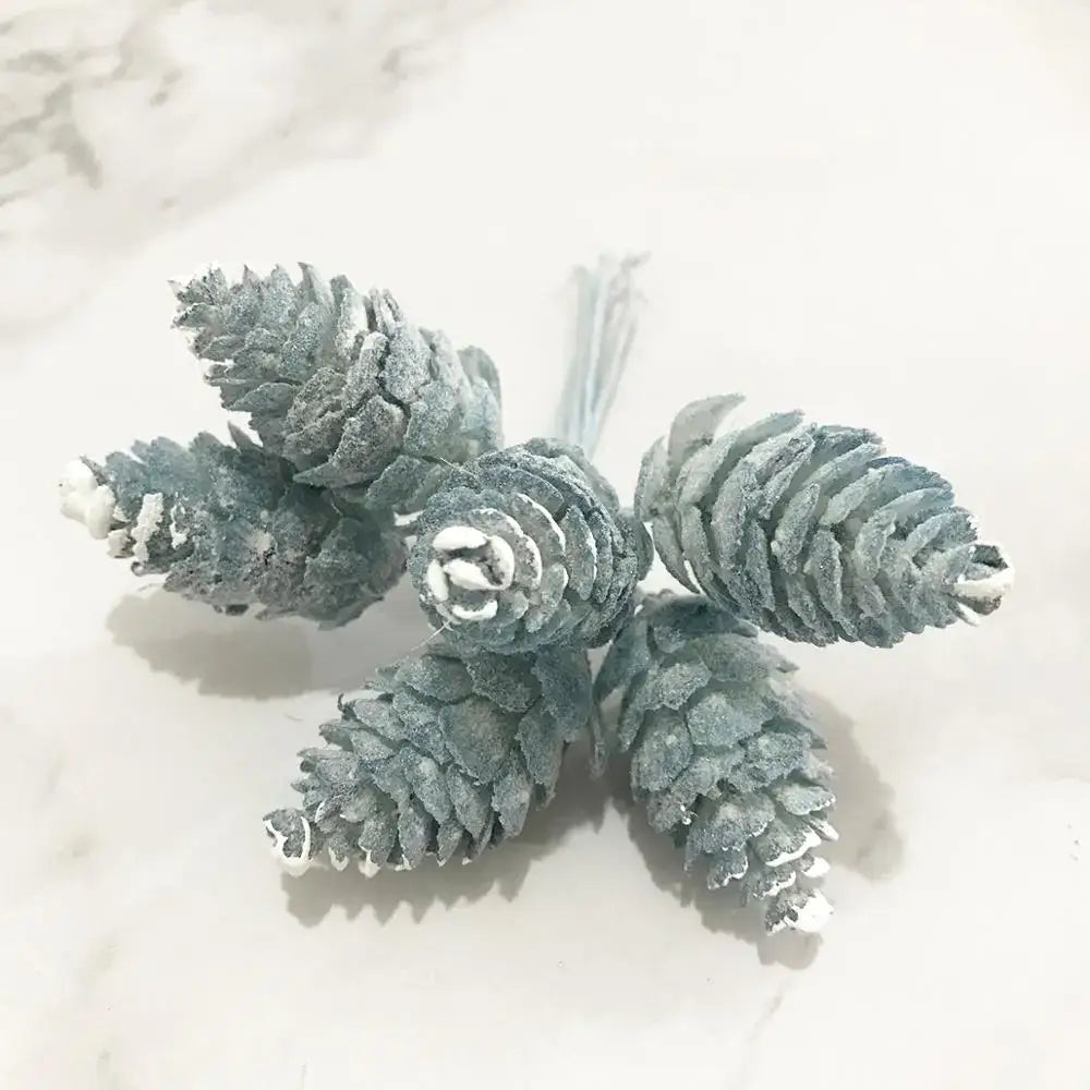 Frosted gray artificial pinecones with white snow-like coating and textured scales in decorbites blue flower cherry stamen berries bundle for living room decor