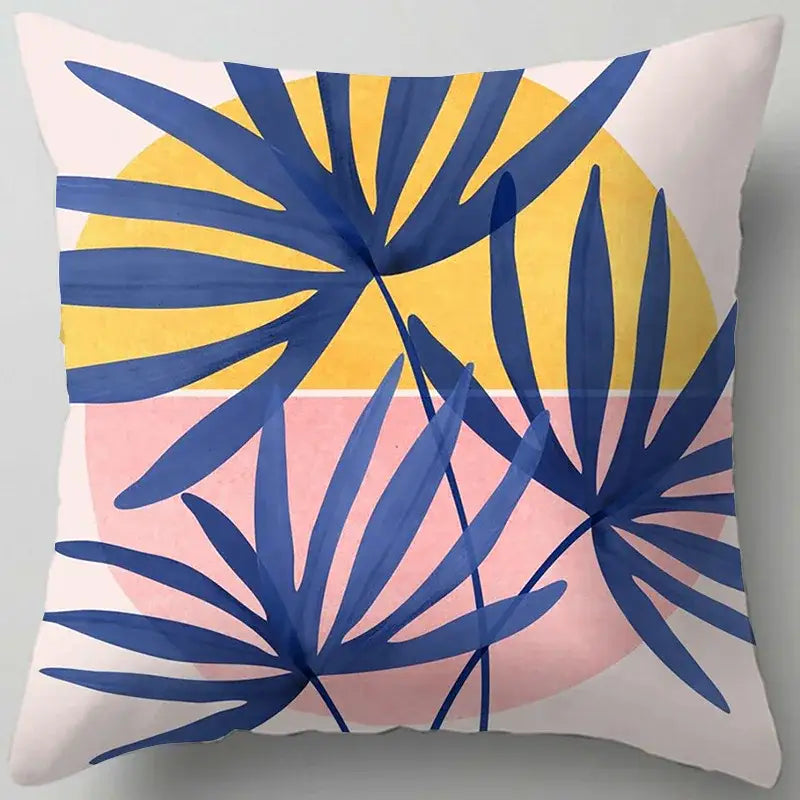 Square throw pillow with bold blue flower leaves pattern and modern tropical decorbites blue flower design on soft background