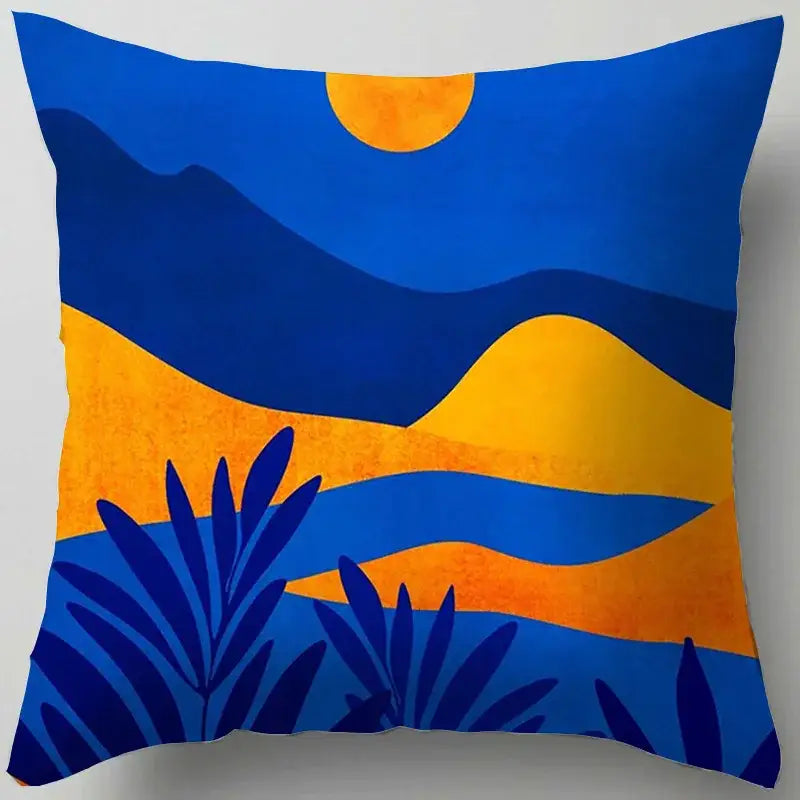 Blue flower leaves pattern cushion cover featuring blue and orange abstract landscape with stylized palm leaves decorbites blue flower decor