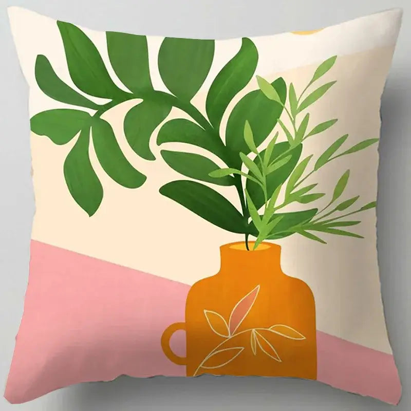 Square throw pillow with blue flower leaves pattern featuring green foliage in orange vase on soft pink cream decorbites blue flower background