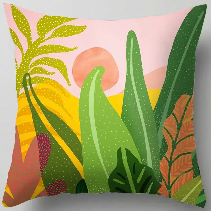 Decorbites blue flower living room throw pillow with vibrant flower leaves pattern in green yellow and orange on soft pink
