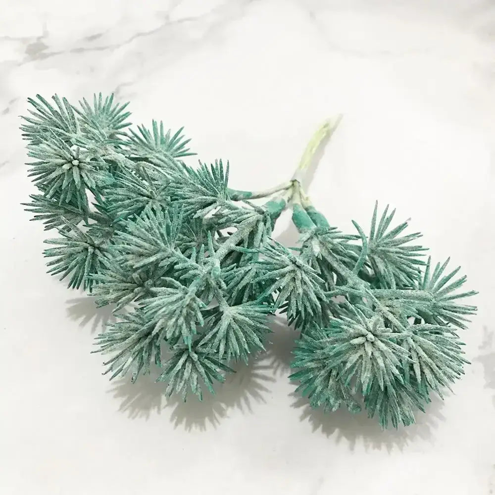 Frosted green artificial pine branch cluster with blue flower stamen berries bundle for kitchen cake decor