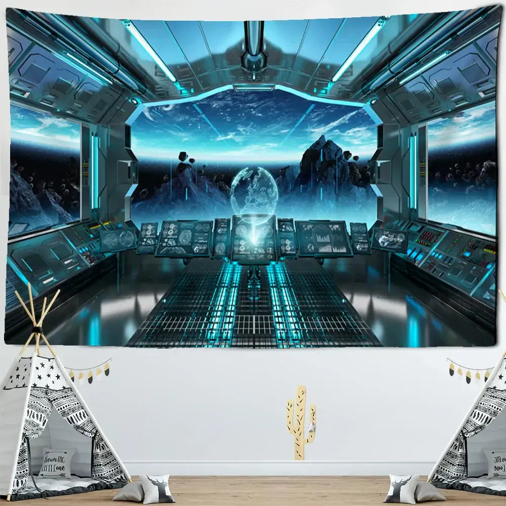 Blue futuristic spaceship cockpit tapestry featuring galaxy alien planet ufo design for decorbites bedroom decor