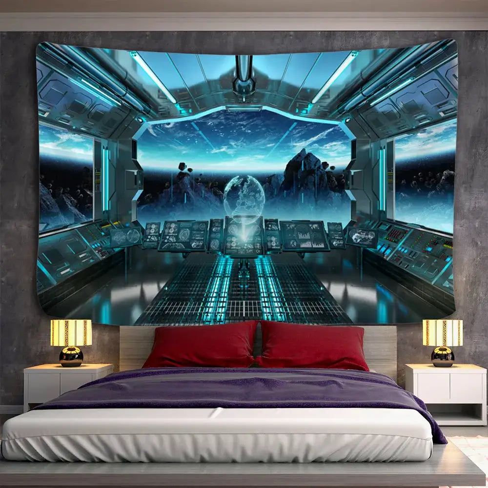 Blue futuristic galaxy alien planet ufo cockpit tapestry with glowing panels mounted above a bed for decorbites galaxy alien decor