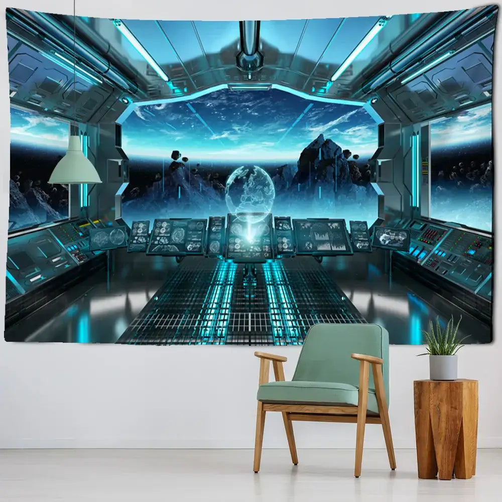 Blue futuristic spaceship cockpit tapestry featuring galaxy alien planet design for decorbites bedroom decor