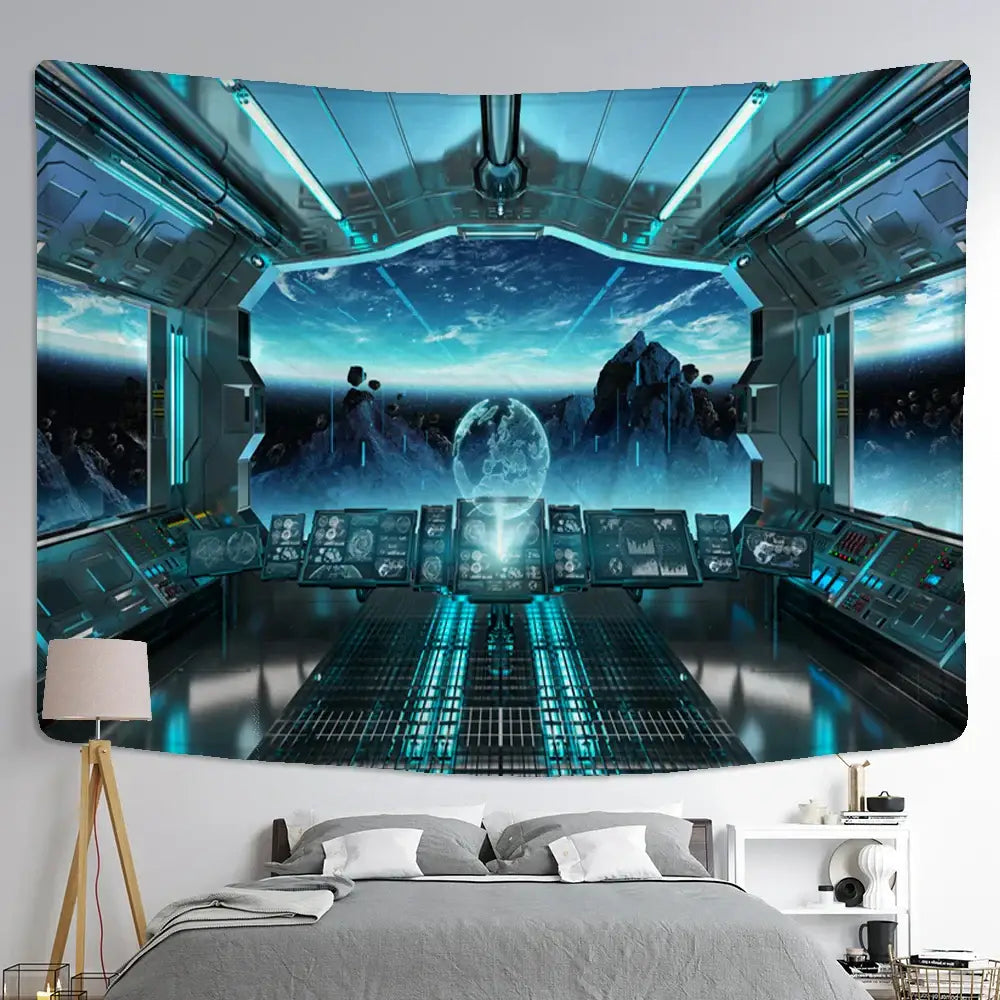 Blue futuristic galaxy alien planet ufo cockpit tapestry featuring glowing digital displays mounted above a bed decorbites galaxy alien