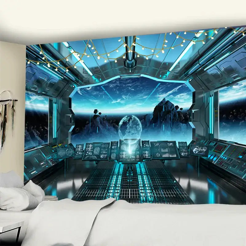 Blue futuristic spaceship cockpit tapestry with glowing neon accents for galaxy alien planet ufo bedroom decorbites decor