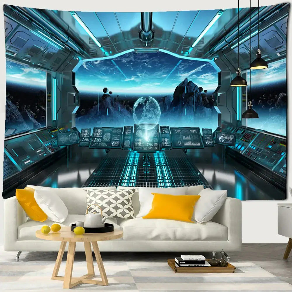 A blue futuristic galaxy alien planet ufo cockpit tapestry with glowing holographic displays hanging above a white sofa
