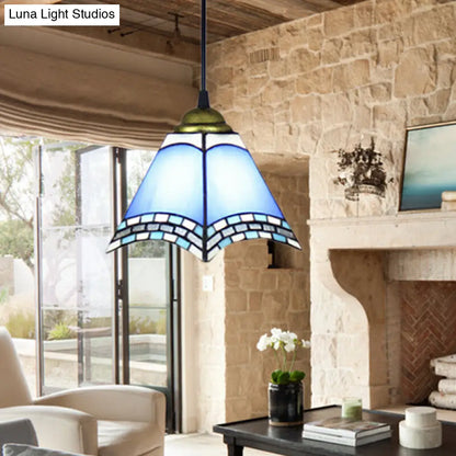 Blue Geometric Glass Ceiling Pendant Light - Mediterranean Style for Living Room