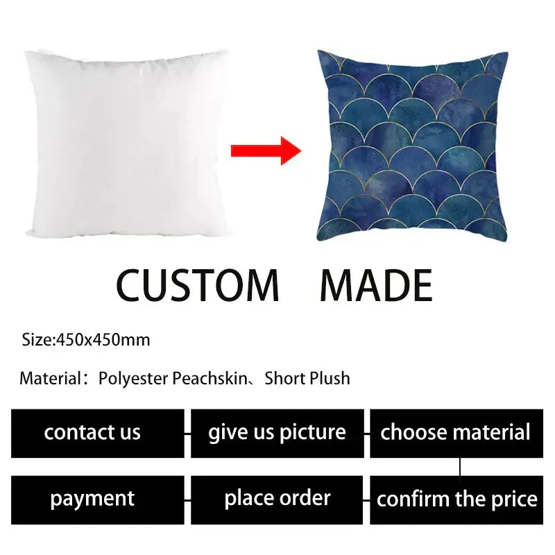Custom-made blue geometric marble throw pillow cover with navy teal scale pattern and gold outline in polyester peacheskin plush