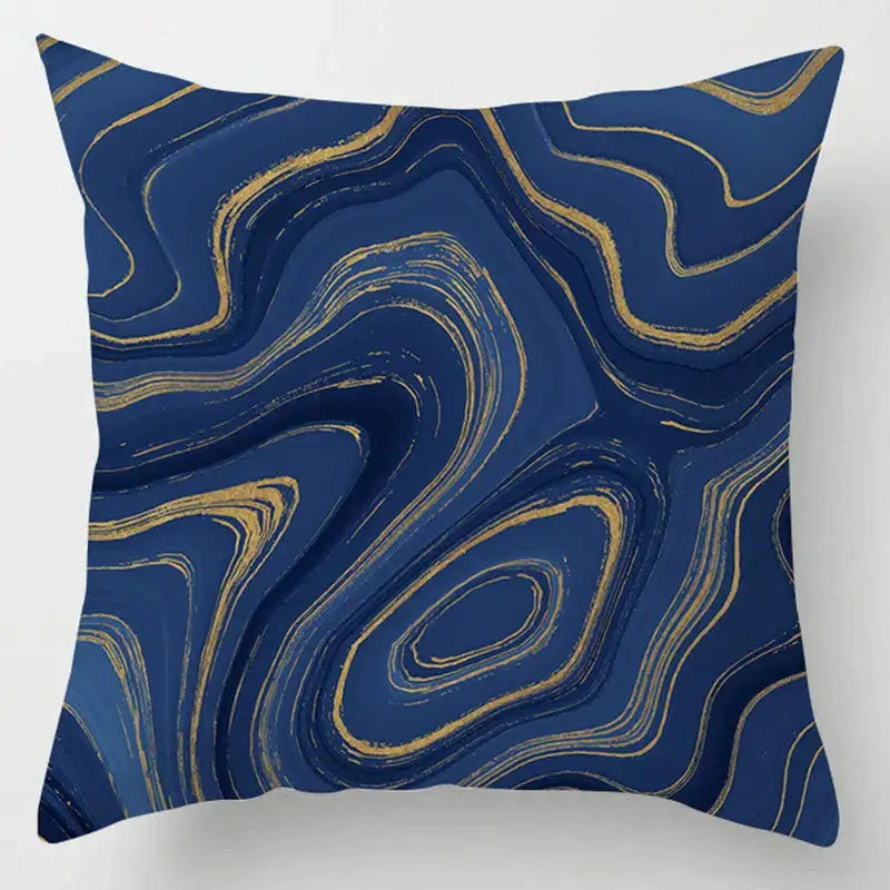 Blue geometric marble throw pillow with gold and blue abstract marble pattern perfect for living room decorbites decor