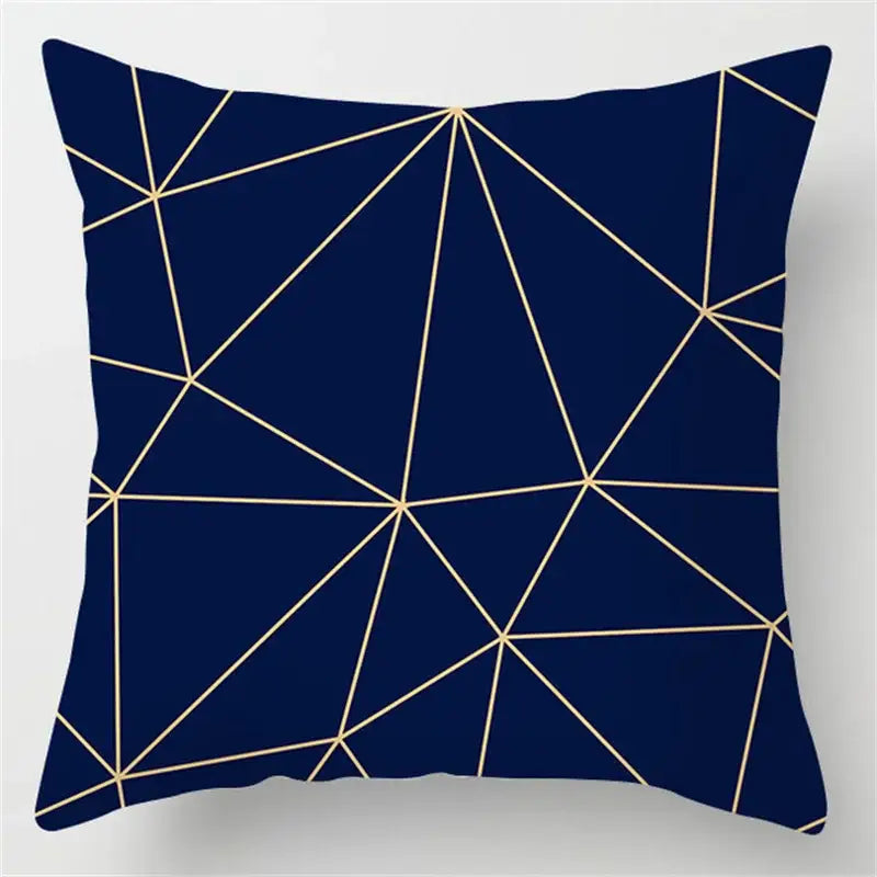 A navy blue geometric marble throw pillow with intersecting gold lines for living room decorbites blue geometric style