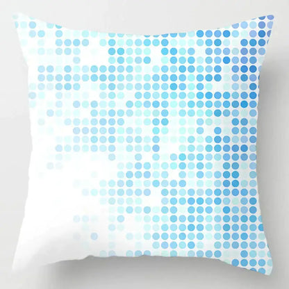 A square throw pillow with a blue geometric marble dot pattern on white for decorbites blue geometric living room decor