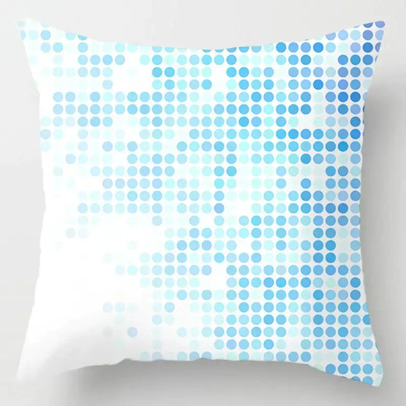 A square throw pillow with a blue geometric marble dot pattern on white for decorbites blue geometric living room decor