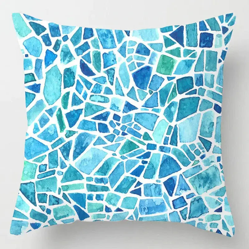 Square throw pillow with decorbites blue geometric marble stripe design in blue and teal for living room decor