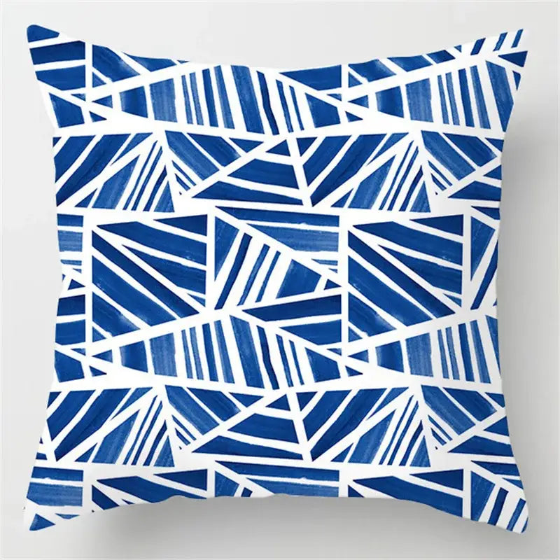 Blue geometric marble throw pillow featuring a blue and white geometric marble stripe pattern for living room decorbites decor