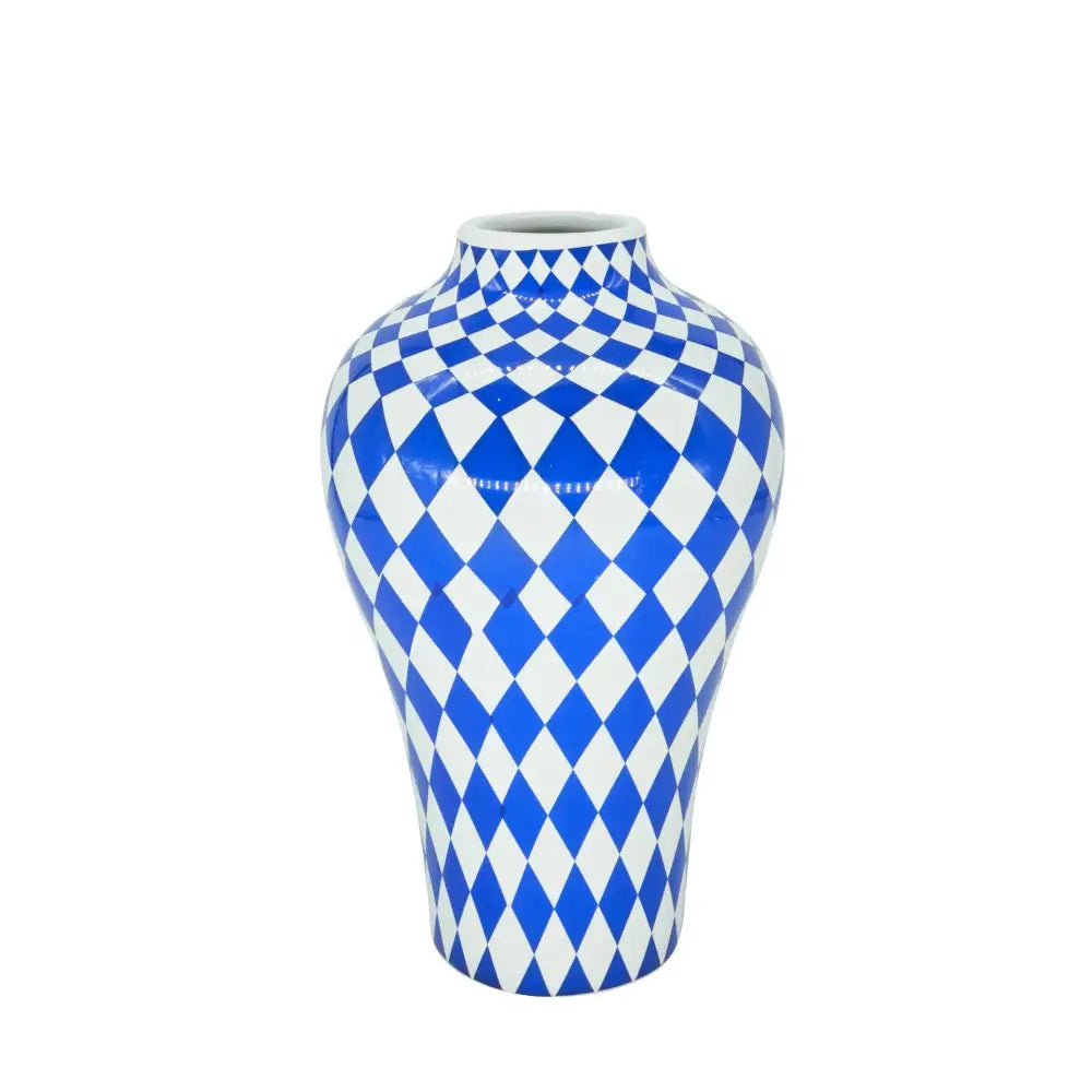Glossy blue and white geometric quilted ceramic vase with a classic silhouette for decorbites blue geometric decor