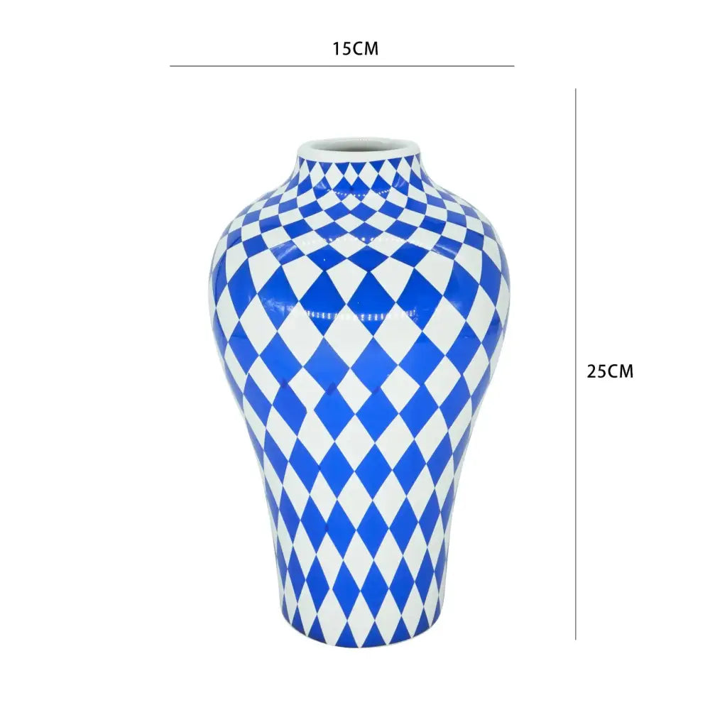 Glossy blue geometric quilted ceramic vase with white diamond pattern 25cm high for decorbites living room decor