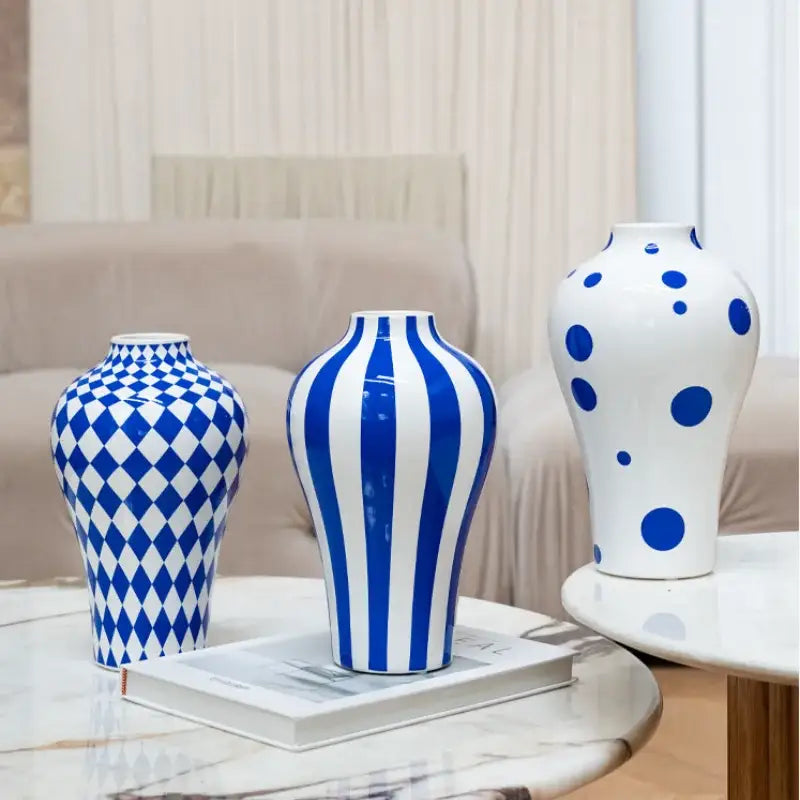 Three elegant blue geometric quilted ceramic vases with distinct patterns for living room decorbites decor