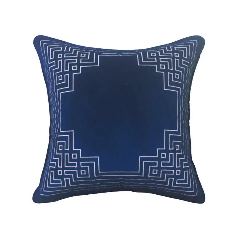 Deep blue geometry embroidery cushion cover with intricate white geometric design in dutch velvet for living room decorbites blue geometry