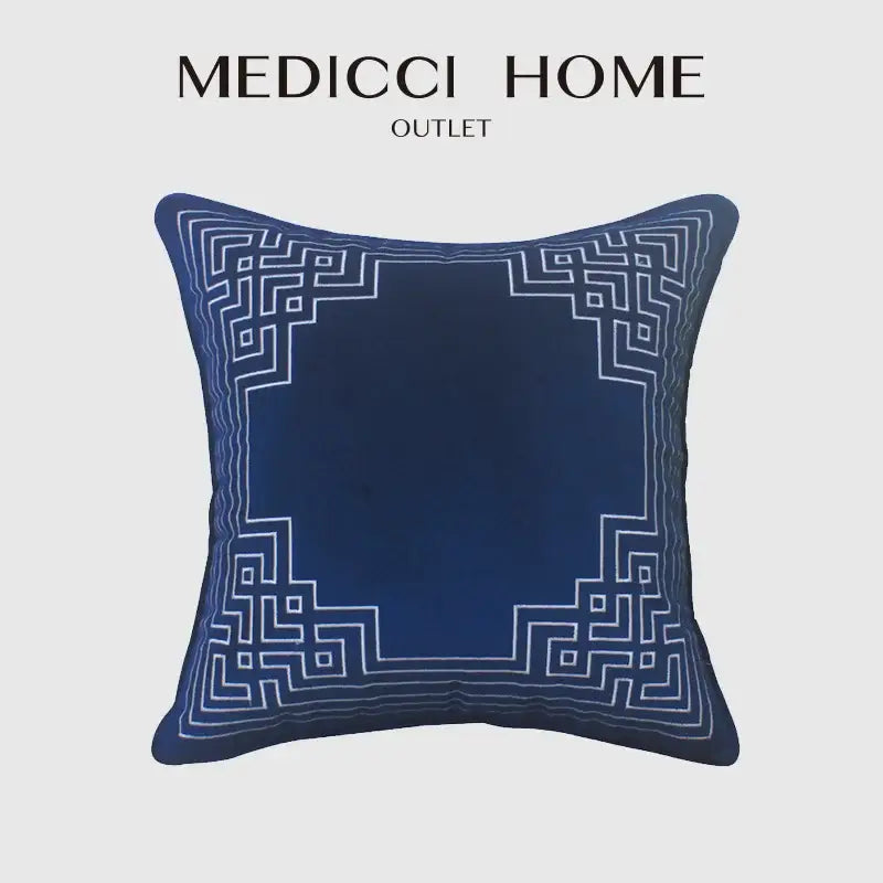 Deep blue square geometry embroidery cushion cover with intricate white embroidery edges in dutch velvet shell decorbites blue geometry