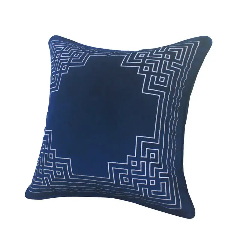 Deep blue geometry embroidery cushion with intricate white embroidery on dutch velvet shell for living room decorbites blue geometry