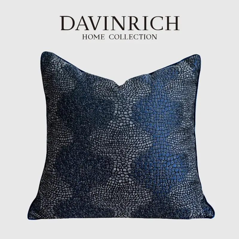 Deep blue textured throw pillow cover with metallic sheen and reptilian-scale pattern from decorbites blue geometry jacquard collection