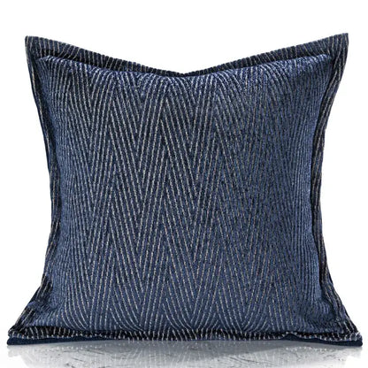 Deep blue decorbites blue geometry jacquard pillow cover with textured herringbone weave and navy piping edges