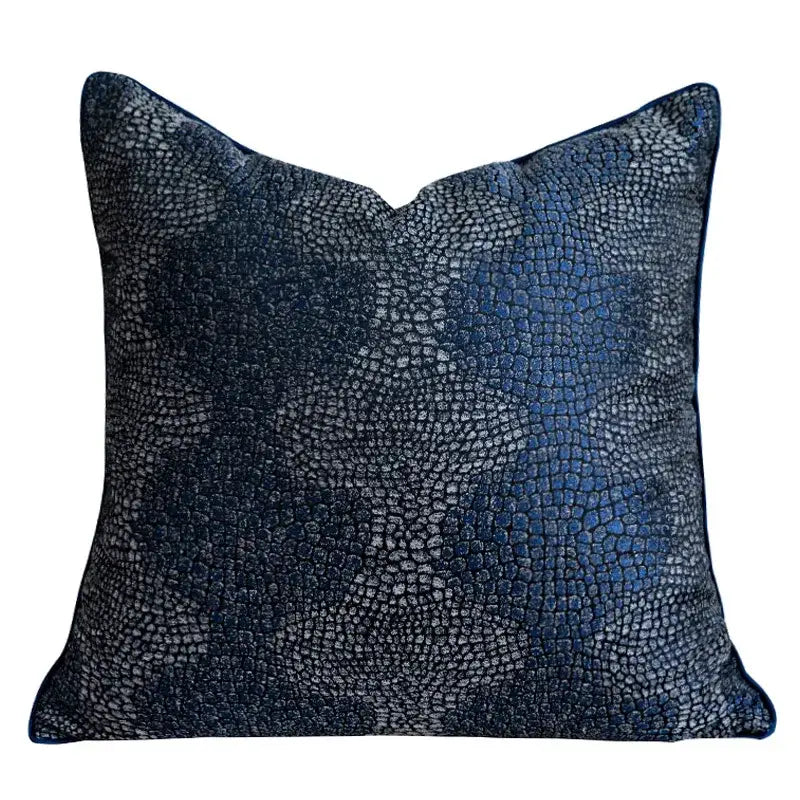 Deep blue textured pillow cover with scale-like pattern resembling reptile skin for decorbites blue geometry jacquard decor