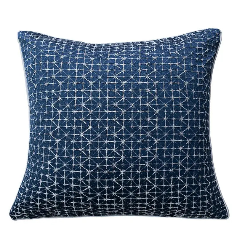 Deep blue pillow cover with subtle white stitched geometric pattern for decorbites blue geometry jacquard throw