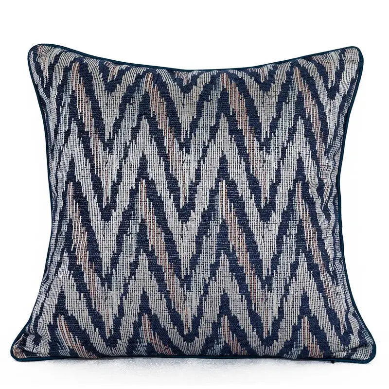Square pillow cover with bold zigzag pattern in navy blue gray and beige on textured fabric decorbites blue geometry jacquard