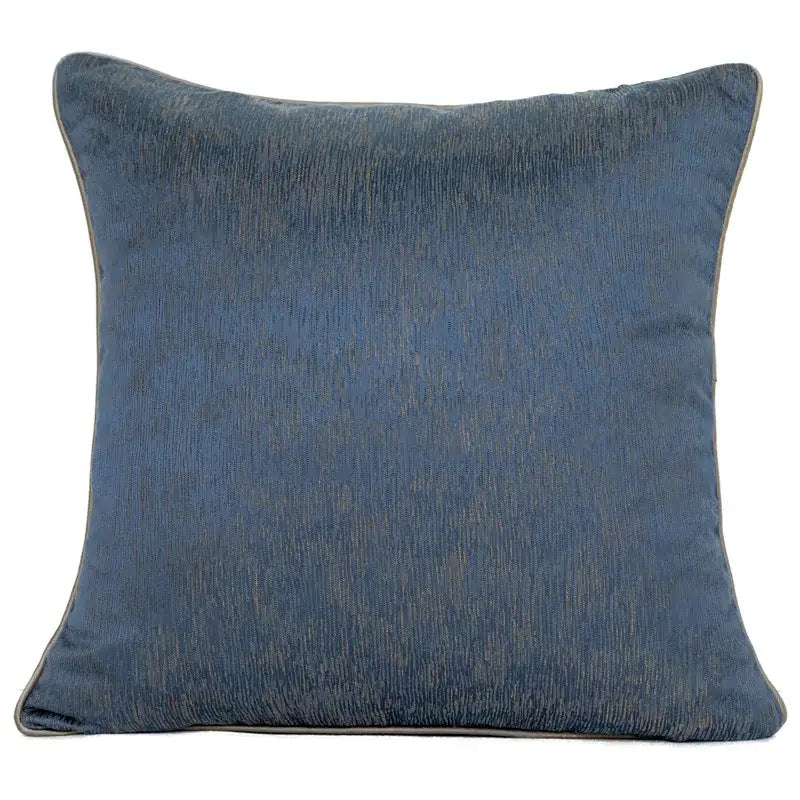 A square navy blue decorbites blue geometry jacquard pillow cover with textured ribbed fabric and stitched edges