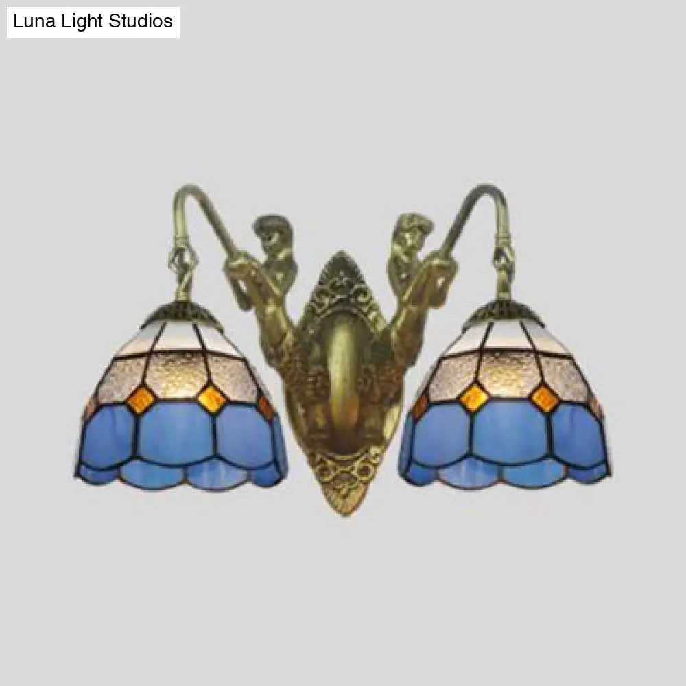 Aplique de pared de latón antiguo con cristal azul y dos cabezas de cúpula - Lámpara de pared mediterránea