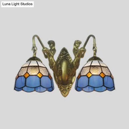 Aplique de pared de latón antiguo con cristal azul y dos cabezas de cúpula - Lámpara de pared mediterránea