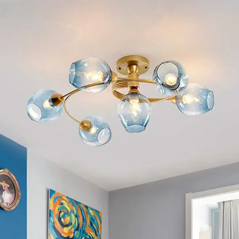 Blue glass ball led chandelier with brass finish featuring decorbites glass ball design for dining room decor