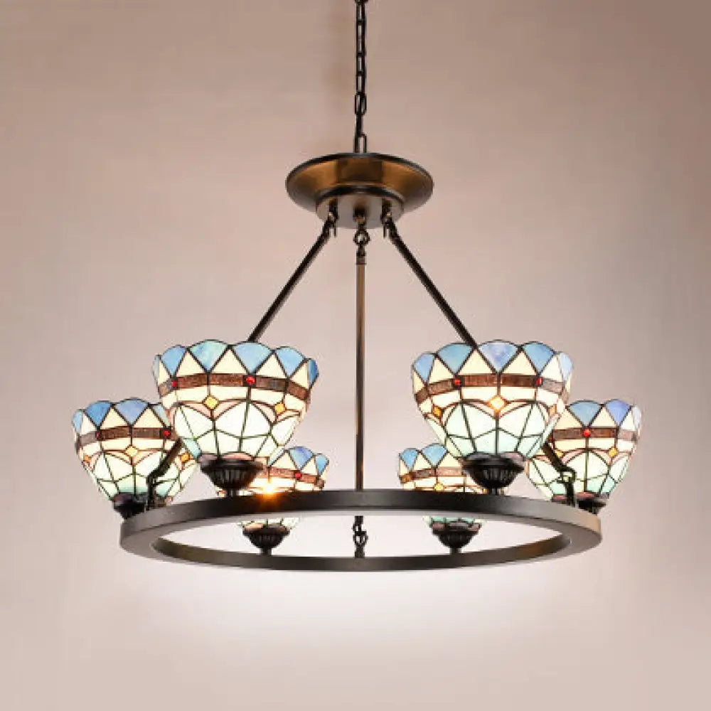 Blue Glass Baroque Chandelier with Bowl Design and 6 Lights in Antique Bronze for Dining Room