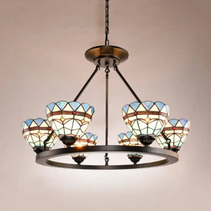 Blue Glass Baroque Chandelier with Bowl Design and 6 Lights in Antique Bronze for Dining Room