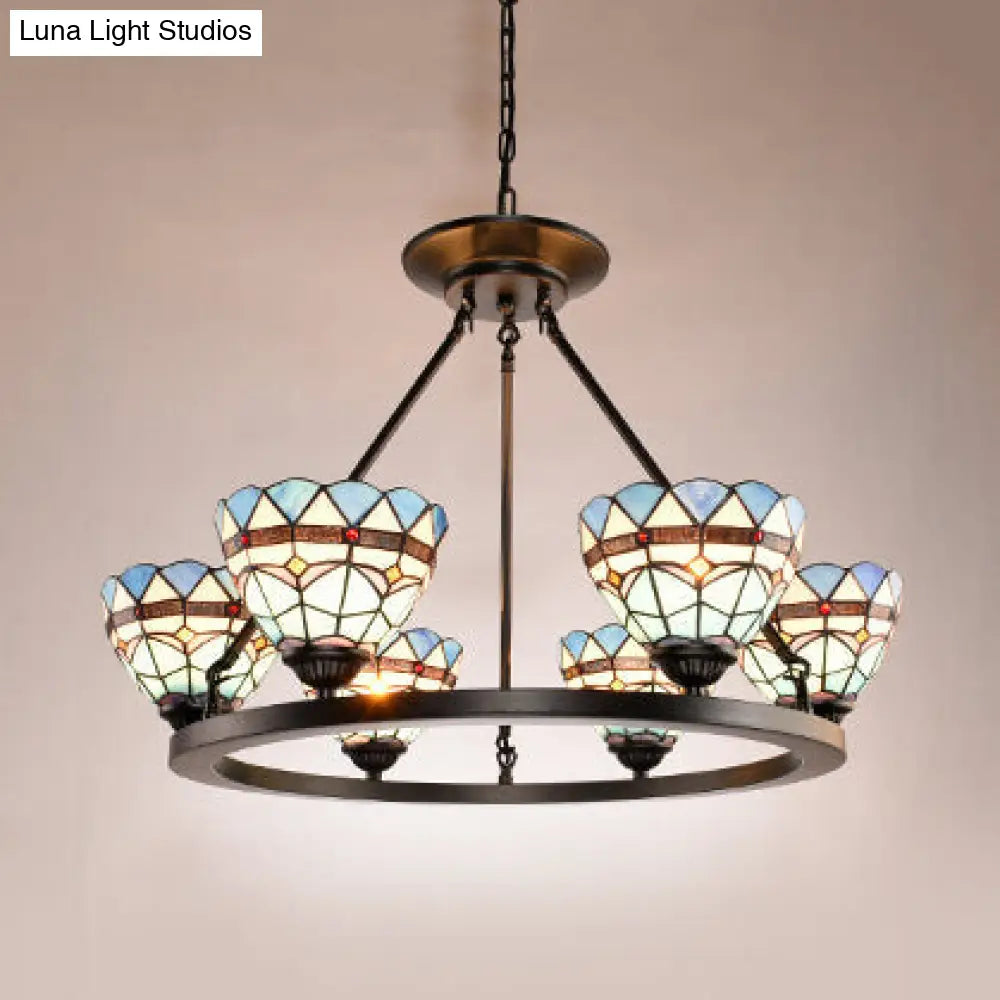 Blue Glass Baroque Chandelier with Bowl Design and 6 Lights in Antique Bronze for Dining Room
