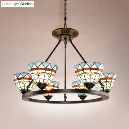 Blue Glass Baroque Chandelier with Bowl Design and 6 Lights in Antique Bronze for Dining Room