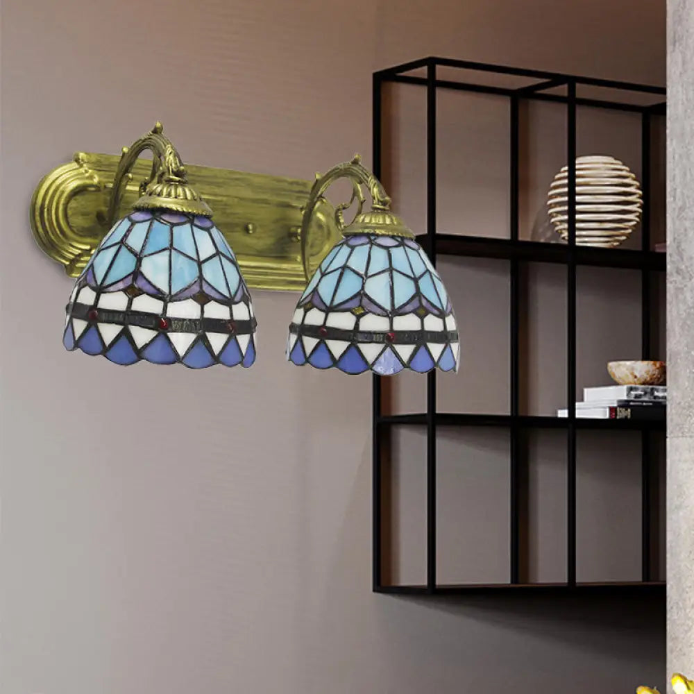 Aplique de pared barroco de cristal azul con cúpula: Lámpara de pared de dos luces para baño