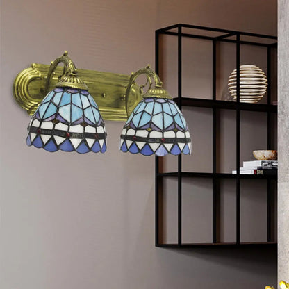 Aplique de pared barroco de cristal azul con cúpula: Lámpara de pared de dos luces para baño